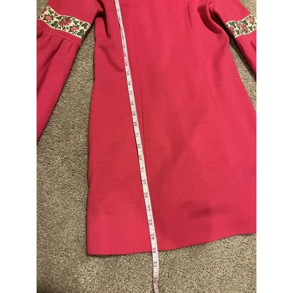 Vintage 70s Mini Sweater Dress Babydoll Balloon Sleeves Floral Trim - Picture 4 of 5